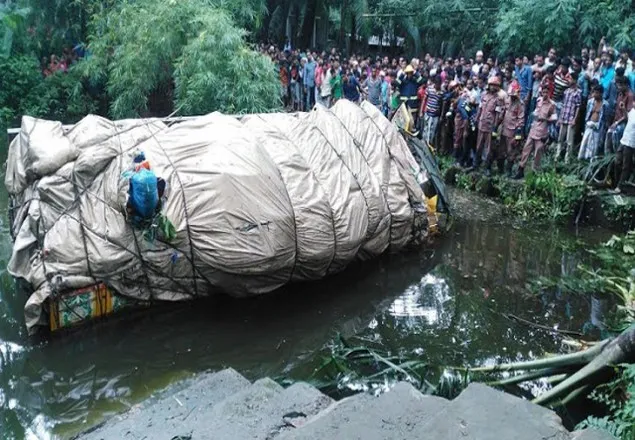 ময়মনসিংহে মালবাহী ট্রাক পুকুরে