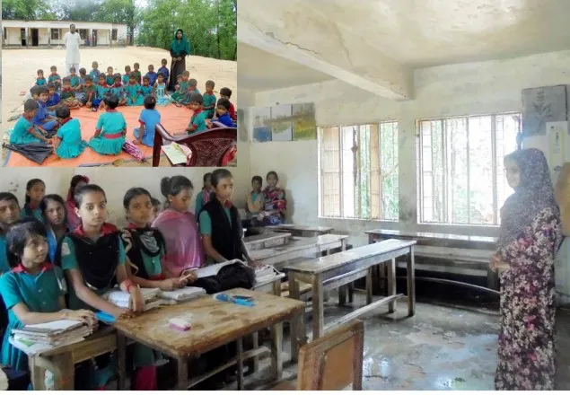 ১৯৮৪ সালে নির্মিত স্কুলের ছাদ দিয়ে এখন শুধু পানি পড়ে
