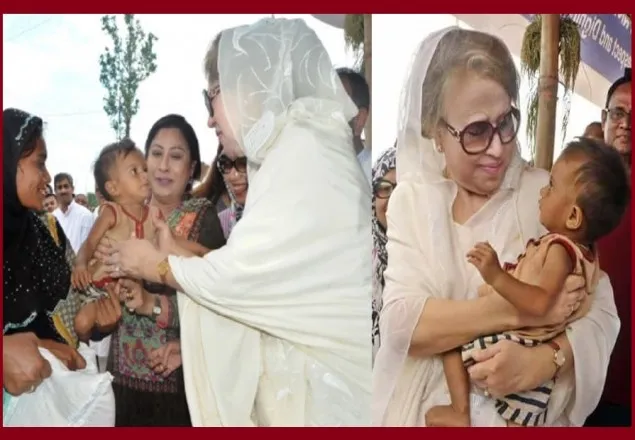 খালেদা জিয়ার কোলে পিতৃহীন রোহিঙ্গা শিশু মোবারক   