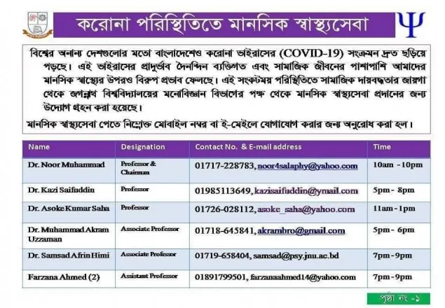 করোনায় মানসিক স্বাস্থ্য সেবা দিবে জবি মনোবিজ্ঞান বিভাগ