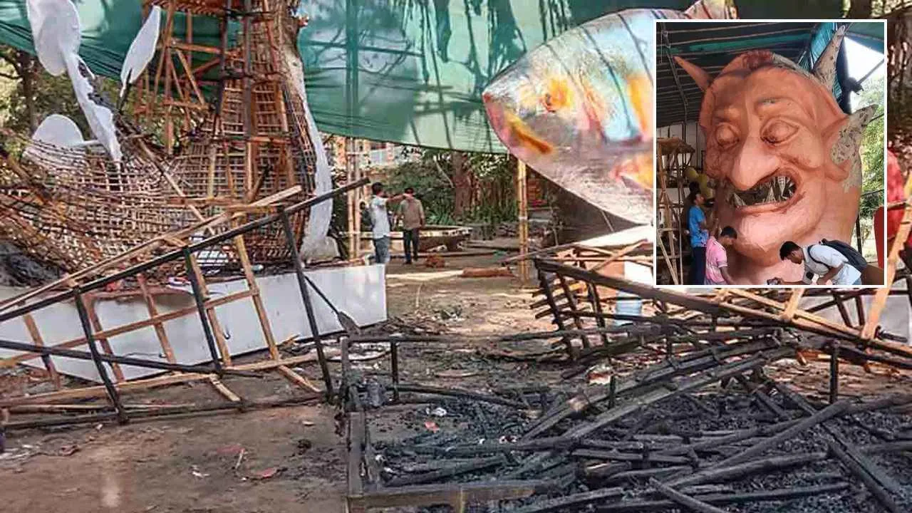 আনন্দ শোভাযাত্রার জন্য বানানো হাসিনার মুখাকৃতিতে আগুন