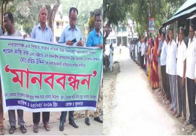 শিক্ষক নির্যাতনের প্রতিবাদে মানববন্ধন
