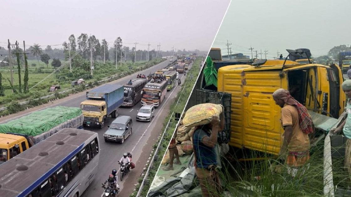 Traffic slows to a crawl as truck overturns on Dhaka-Tangail highway