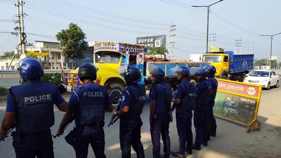 Police carry out searches at Aminbazar entry point ahead of rallies in Dhaka