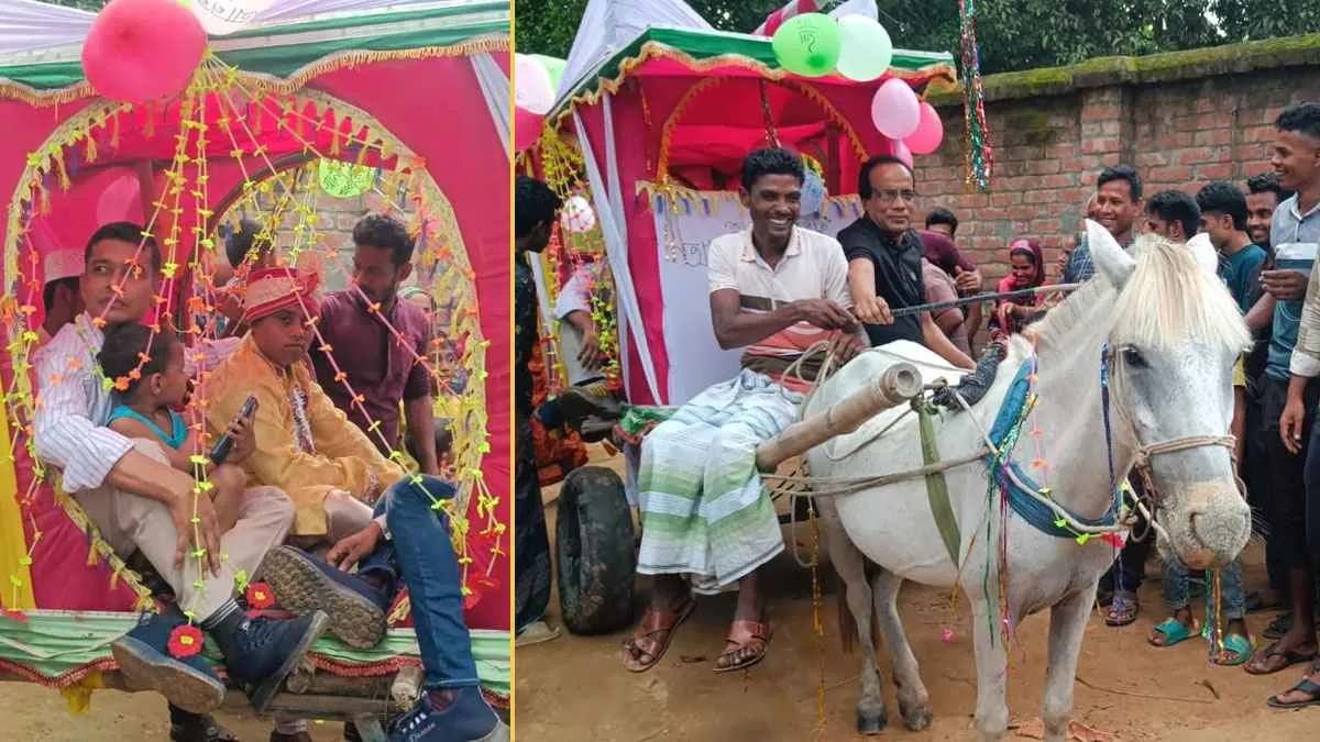 ঘোড়ার গাড়িতে বর, উৎসবে মাতোয়ারা পুরো গ্রাম