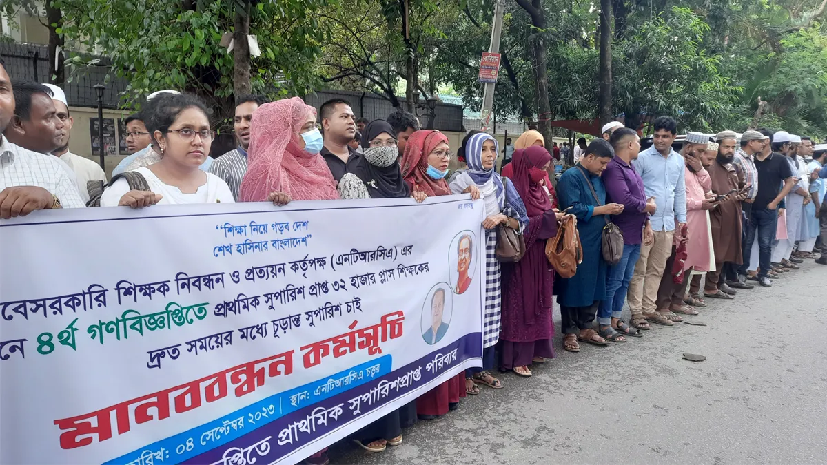 চূড়ান্ত সুপারিশের দাবিতে এনটিআরসিএ’র সামনে শিক্ষকদের মানববন্ধন