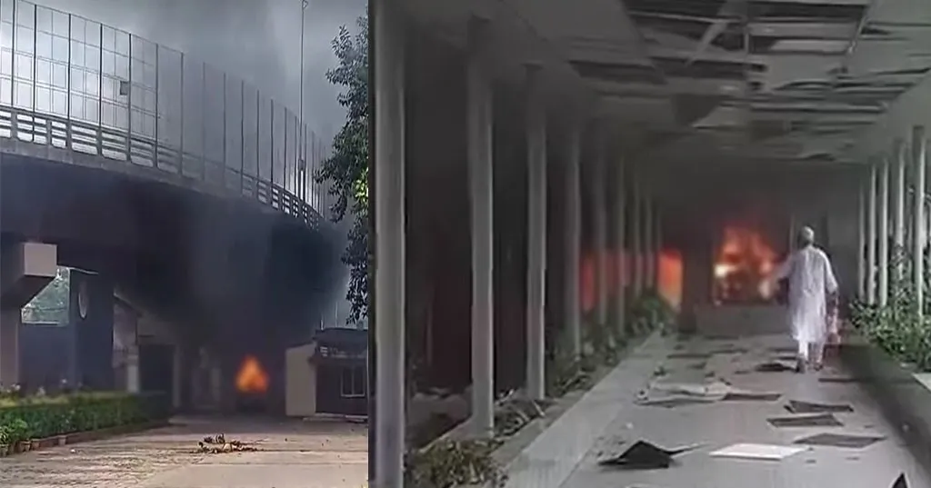 বিটিভি ভবনে আগুন, গেট ভাঙচুর
