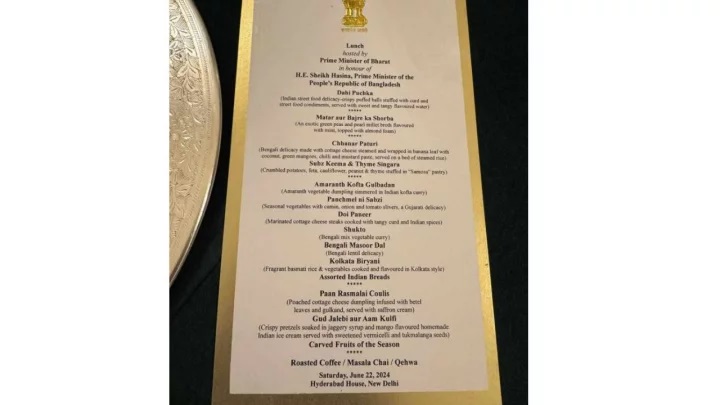 The image shows the lunch menu at the banquet luncheon hosted by her Indian counterpart Narendra Modi at Hyderabad House in New Delhi of India on Saturday, June 22, 2024. Photo: Collected